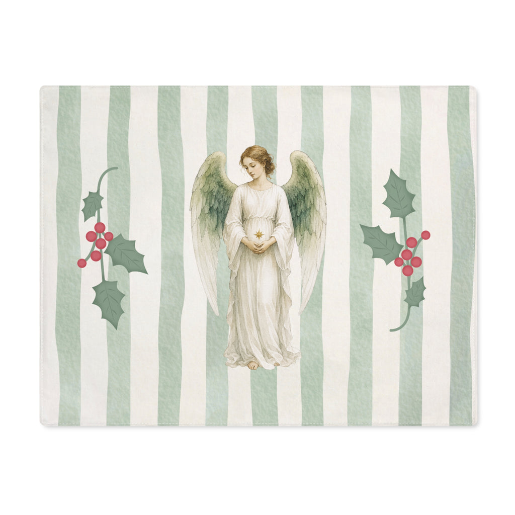 Angels and holly Christmas placemat laid flat, with the angel between two sprigs of red-berried holly on a soft green stripe