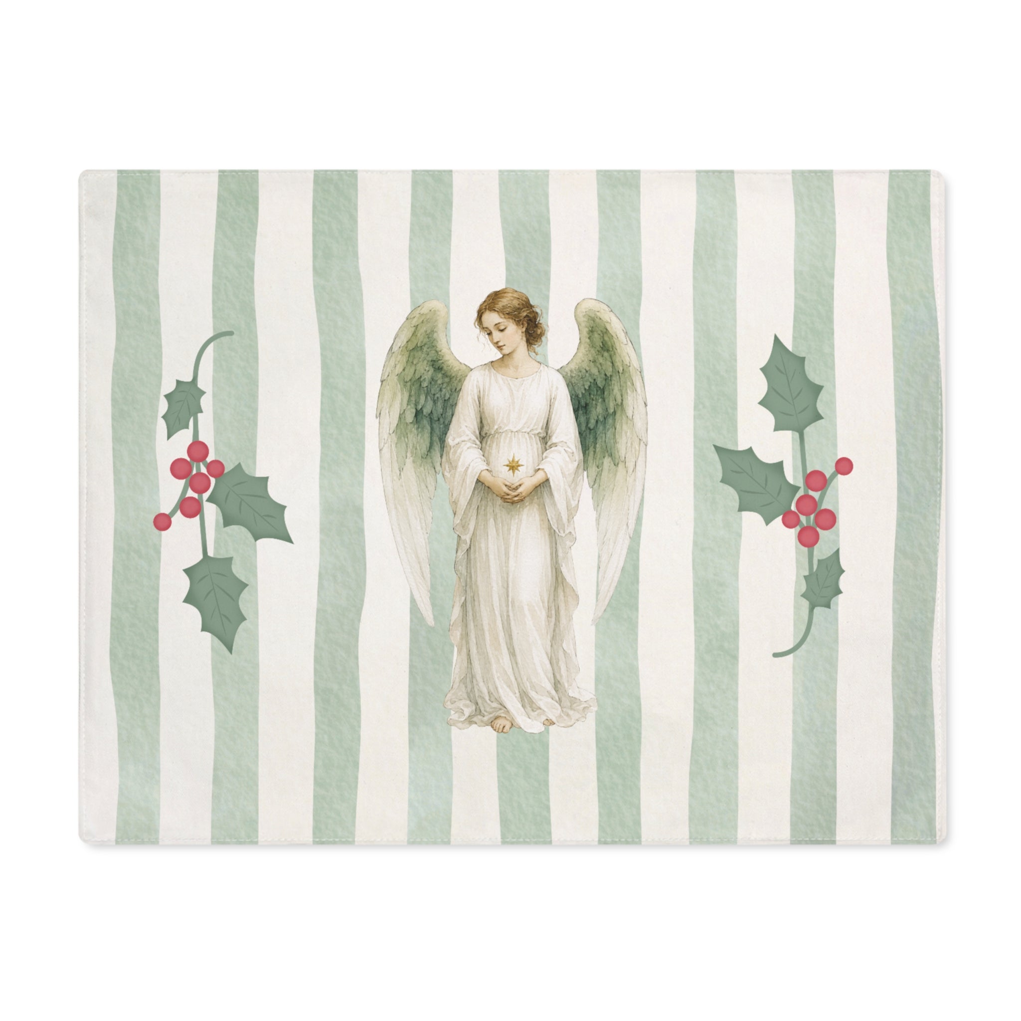 Angels and holly Christmas placemat laid flat, with the angel between two sprigs of red-berried holly on a soft green stripe