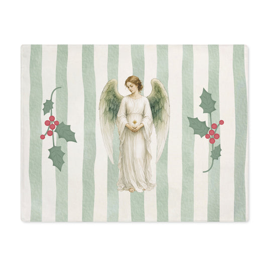 Angels and holly Christmas placemat laid flat, with the angel between two sprigs of red-berried holly on a soft green stripe