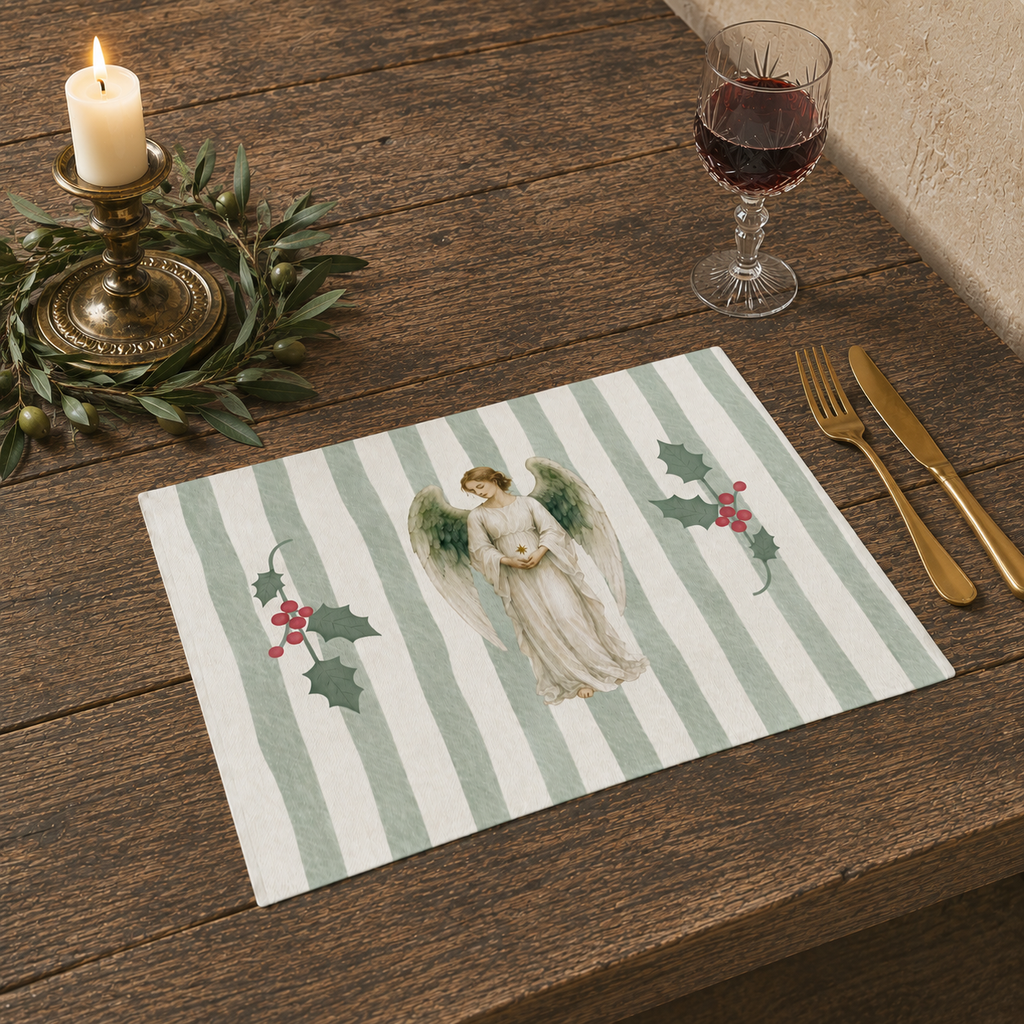 Angels and holly placemat on a dark wooden table with gold cutlery, a glass of red wine and a lit candle