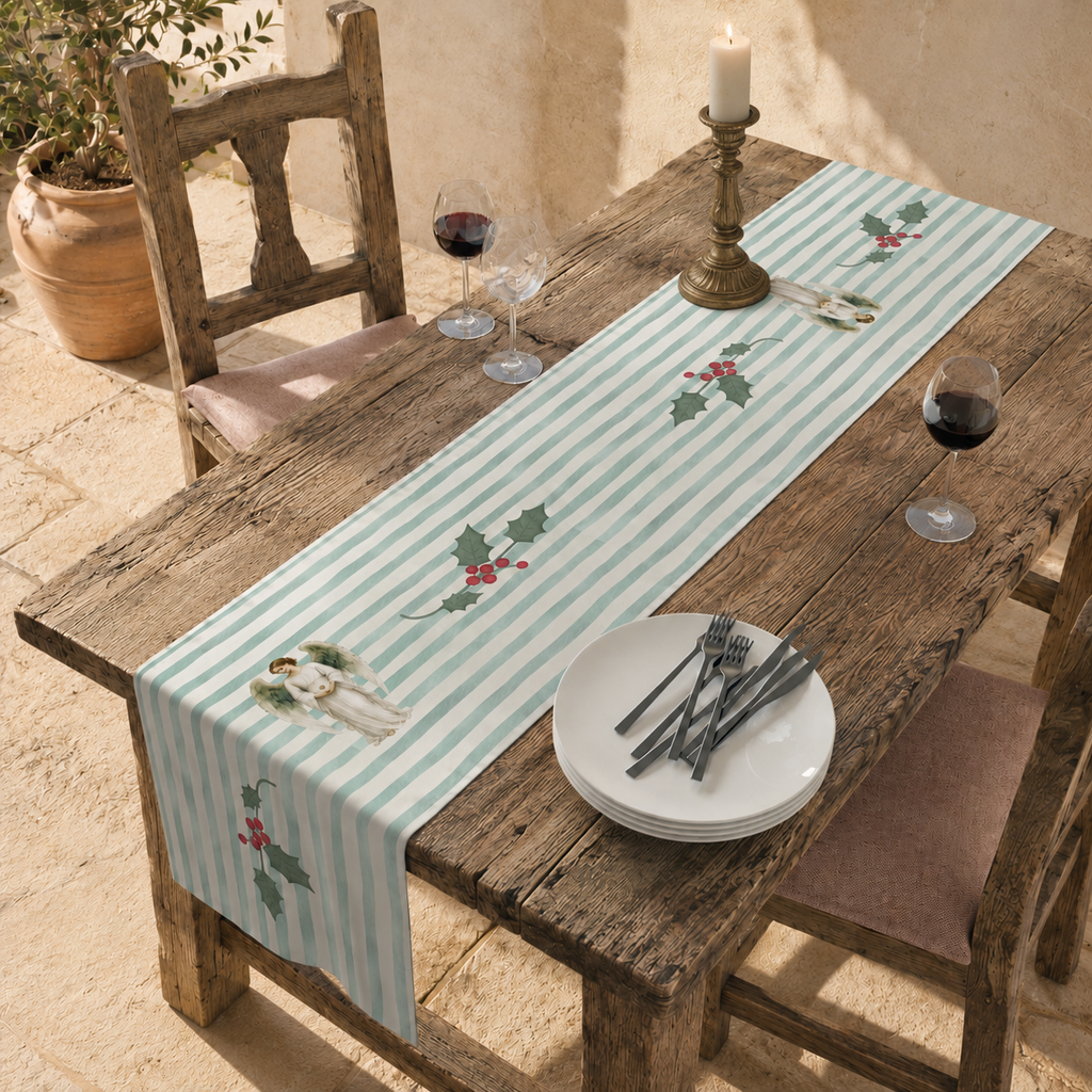 Angels and holly table runner down a rustic wooden table in daylight, with a brass candlestick and stacked plates