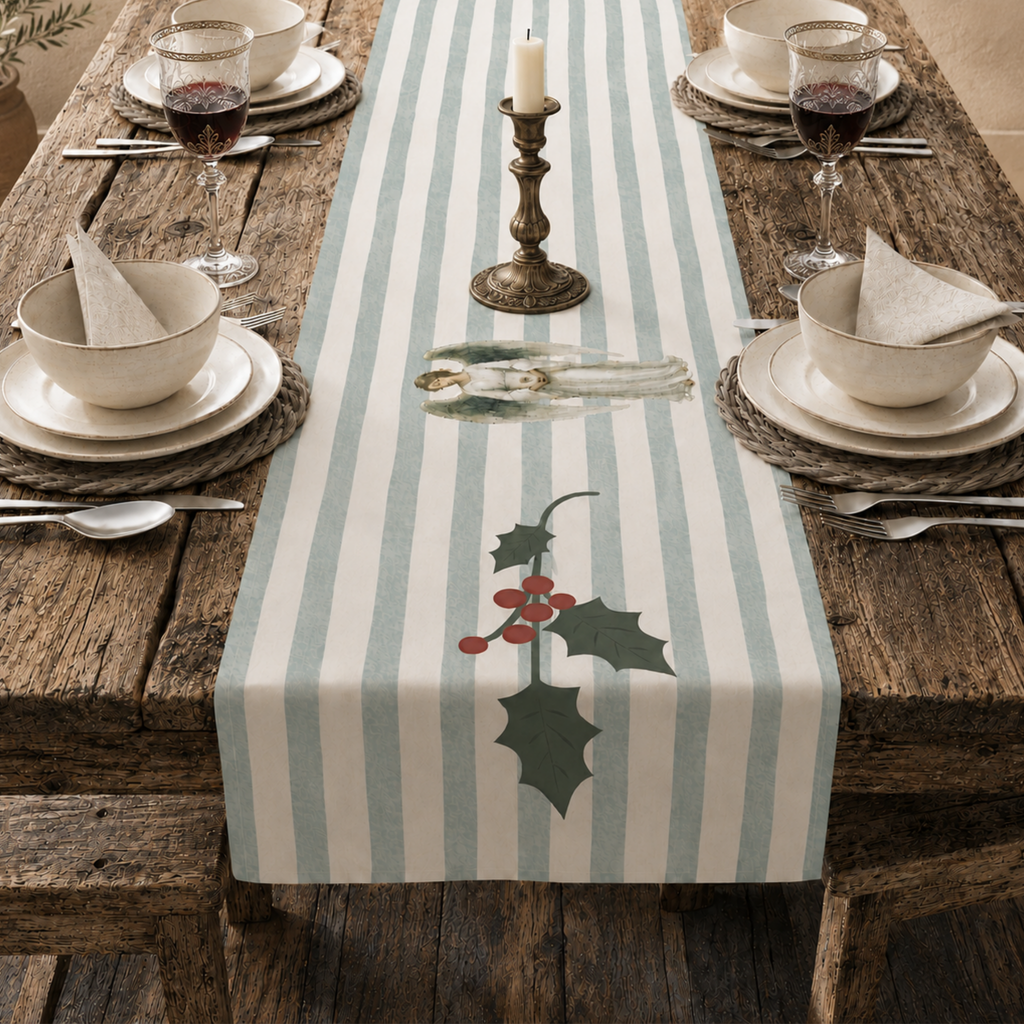 Angels and holly table runner on a table set with cream bowls, woven placemats and glasses of red wine