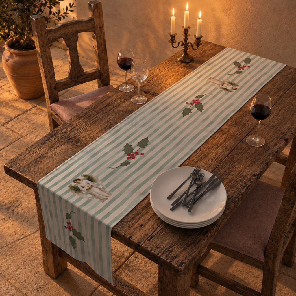 Angels and holly table runner on a candlelit table, with a three-branch brass candelabra and red wine