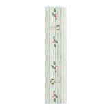 Angels and holly table runner, 72 inch in polyester, laid flat to show the angels and holly on a soft green stripe