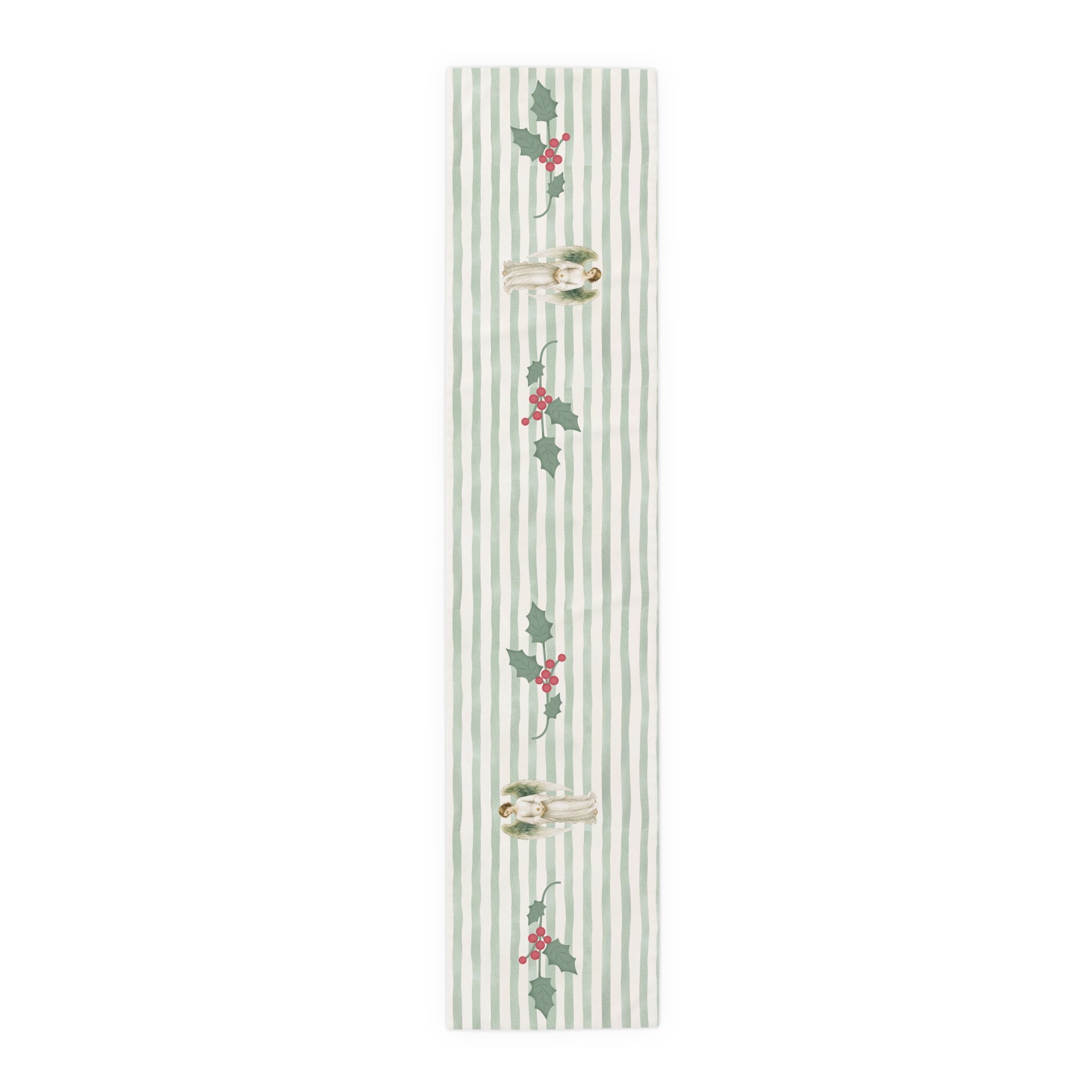 Angels and holly table runner, 72 inch in polyester, laid flat to show the angels and holly on a soft green stripe