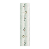 Angels and holly table runner, 72 inch in cotton twill, laid flat to show the angels and holly on a soft green stripe