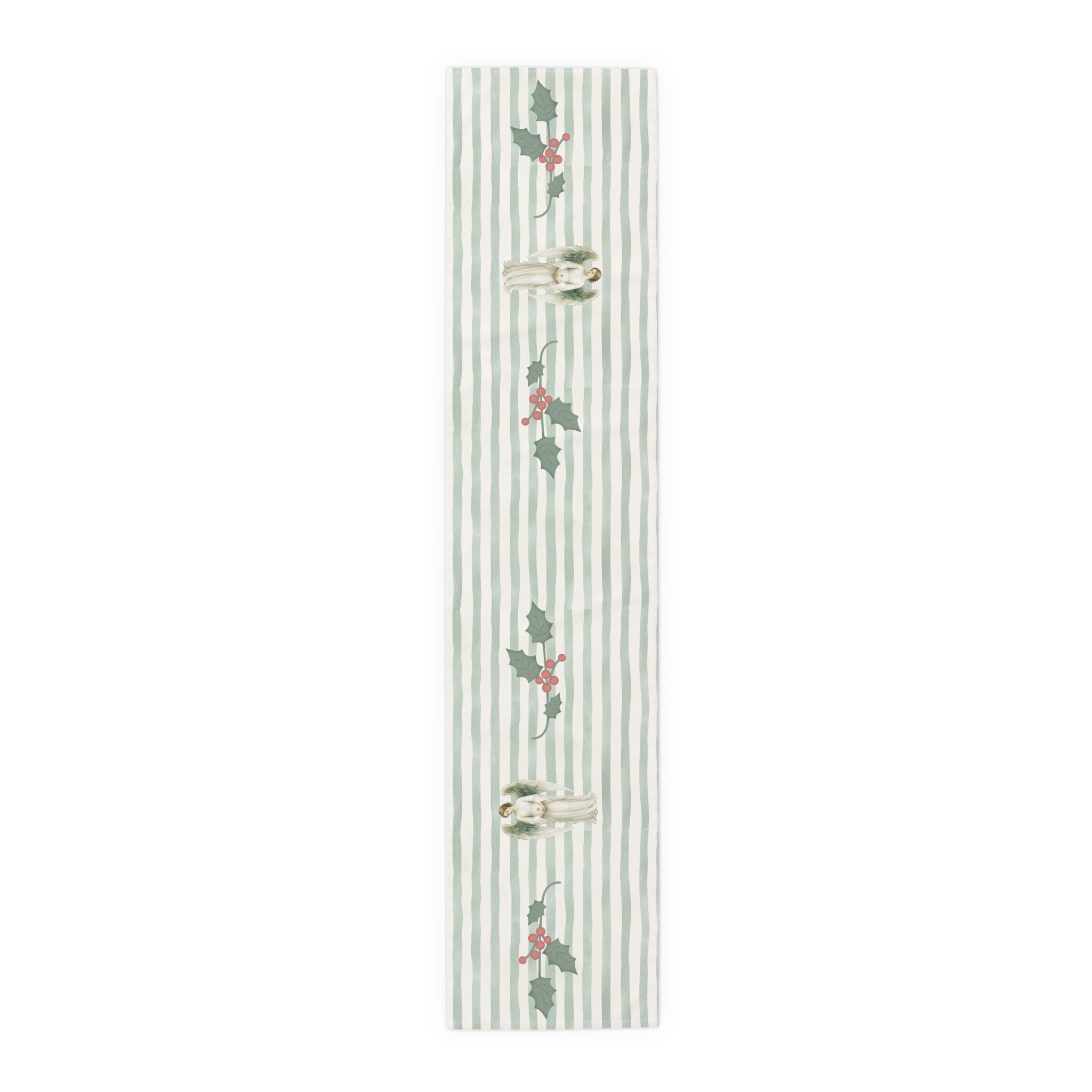 Angels and holly table runner, 72 inch in cotton twill, laid flat to show the angels and holly on a soft green stripe