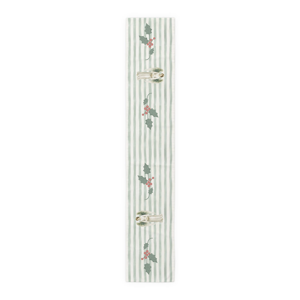Angels and holly table runner, 90 inch in cotton twill, laid flat to show the angels and holly on a soft green stripe