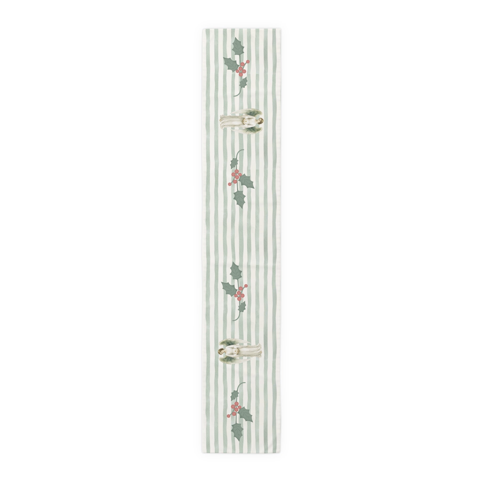 Angels and holly table runner, 90 inch in cotton twill, laid flat to show the angels and holly on a soft green stripe