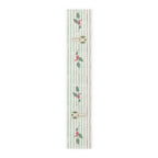 Angels and holly table runner, 90 inch in polyester, laid flat to show the angels and holly on a soft green stripe