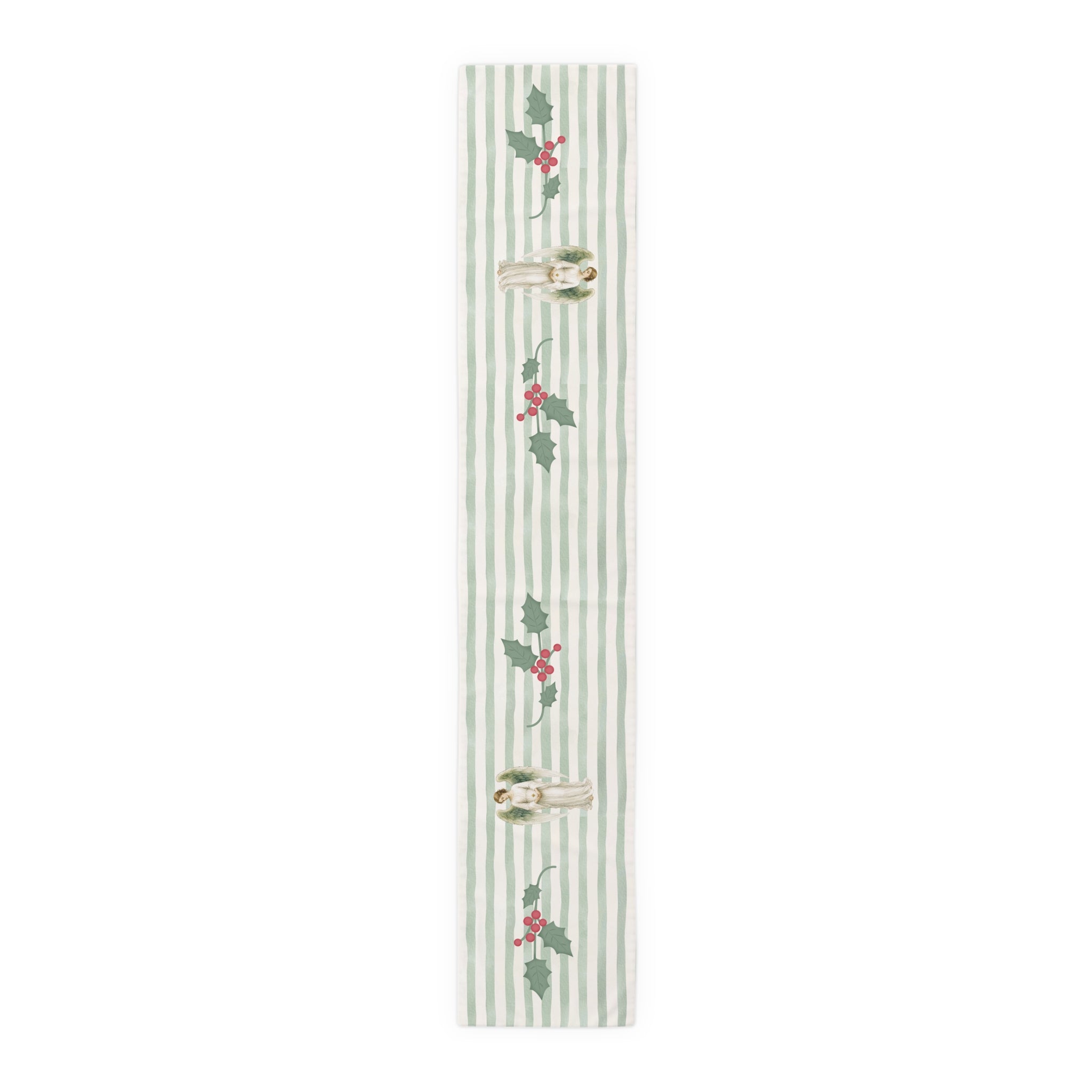 Angels and holly table runner, 90 inch in polyester, laid flat to show the angels and holly on a soft green stripe