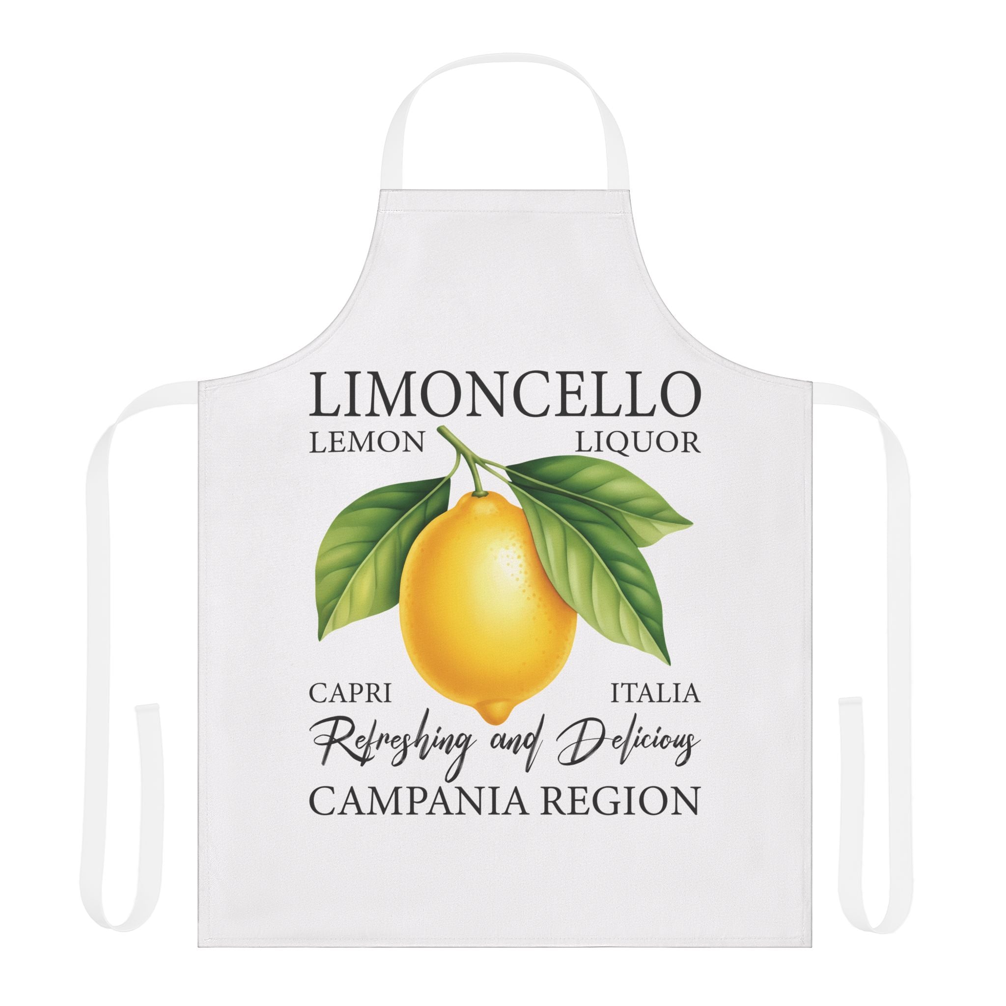 Limoncello apron laid flat, showing the lemon label print and plain white straps