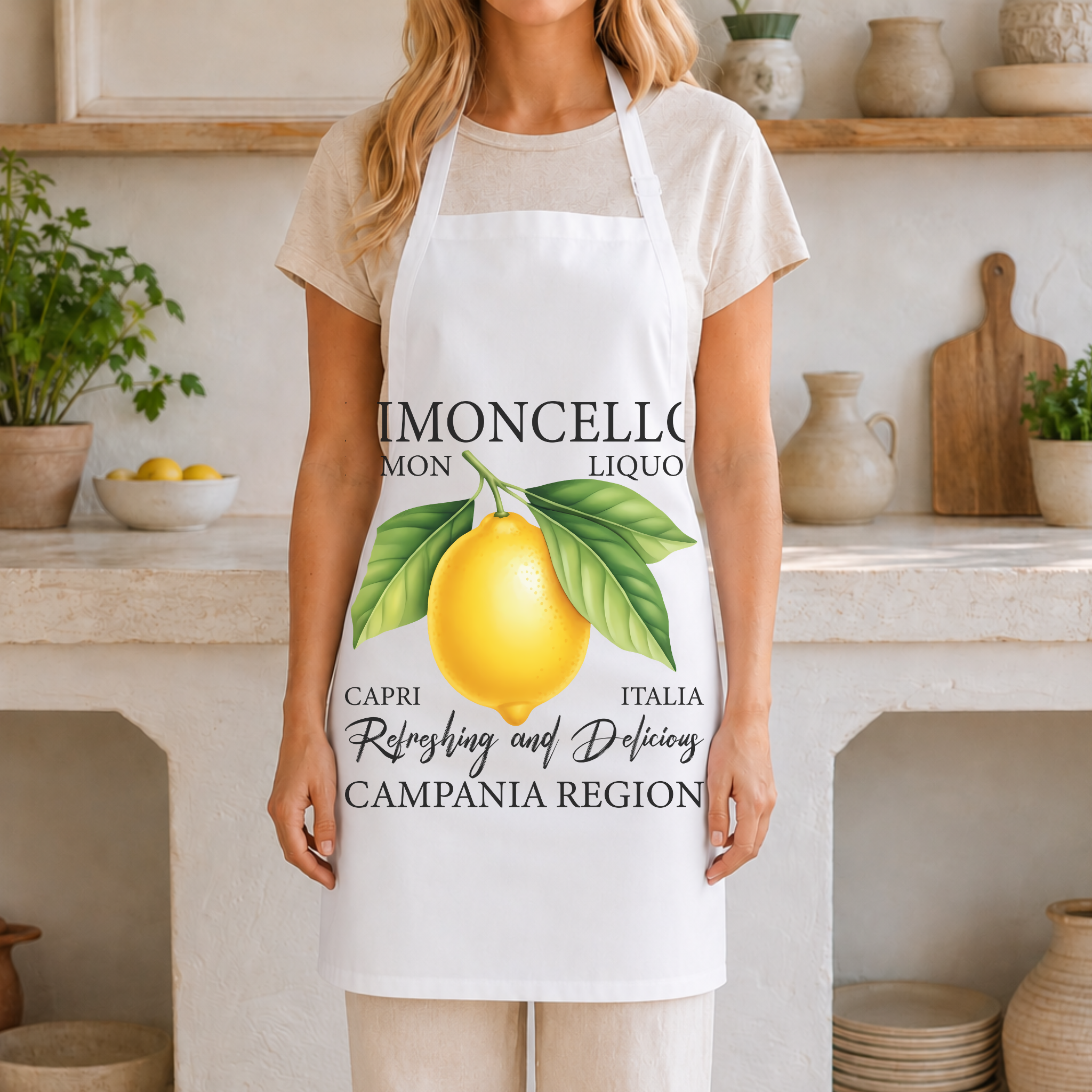 Woman wearing the Limoncello apron in a light Mediterranean kitchen
