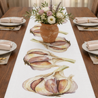 Garlic table runner on a laid table with a terracotta vase of flowers and plates