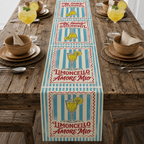 Limoncello Amore Mio table runner on a rustic wooden table with glasses of lemonade and plates