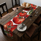 Tomato table runner down a dark wooden dining table with chairs, plates and a glass
