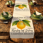 Limoncello table runner on a dark wooden table with green plates, the Limoncello label facing the near edge