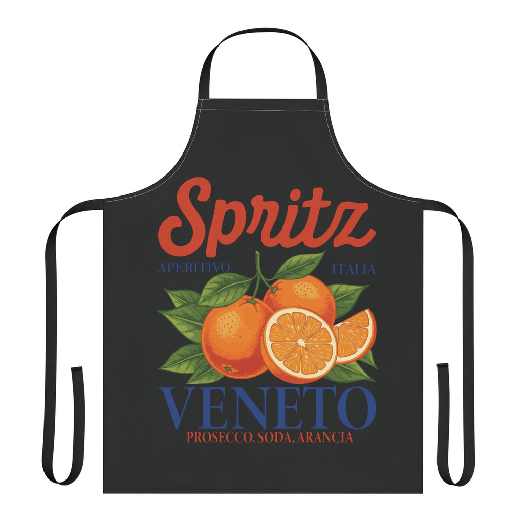 Spritz Veneto apron laid flat, showing the Spritz Veneto label print with oranges on a black body
