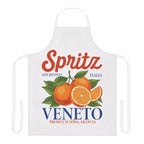 Spritz Veneto apron laid flat, showing the Spritz Veneto label print with oranges on a white body