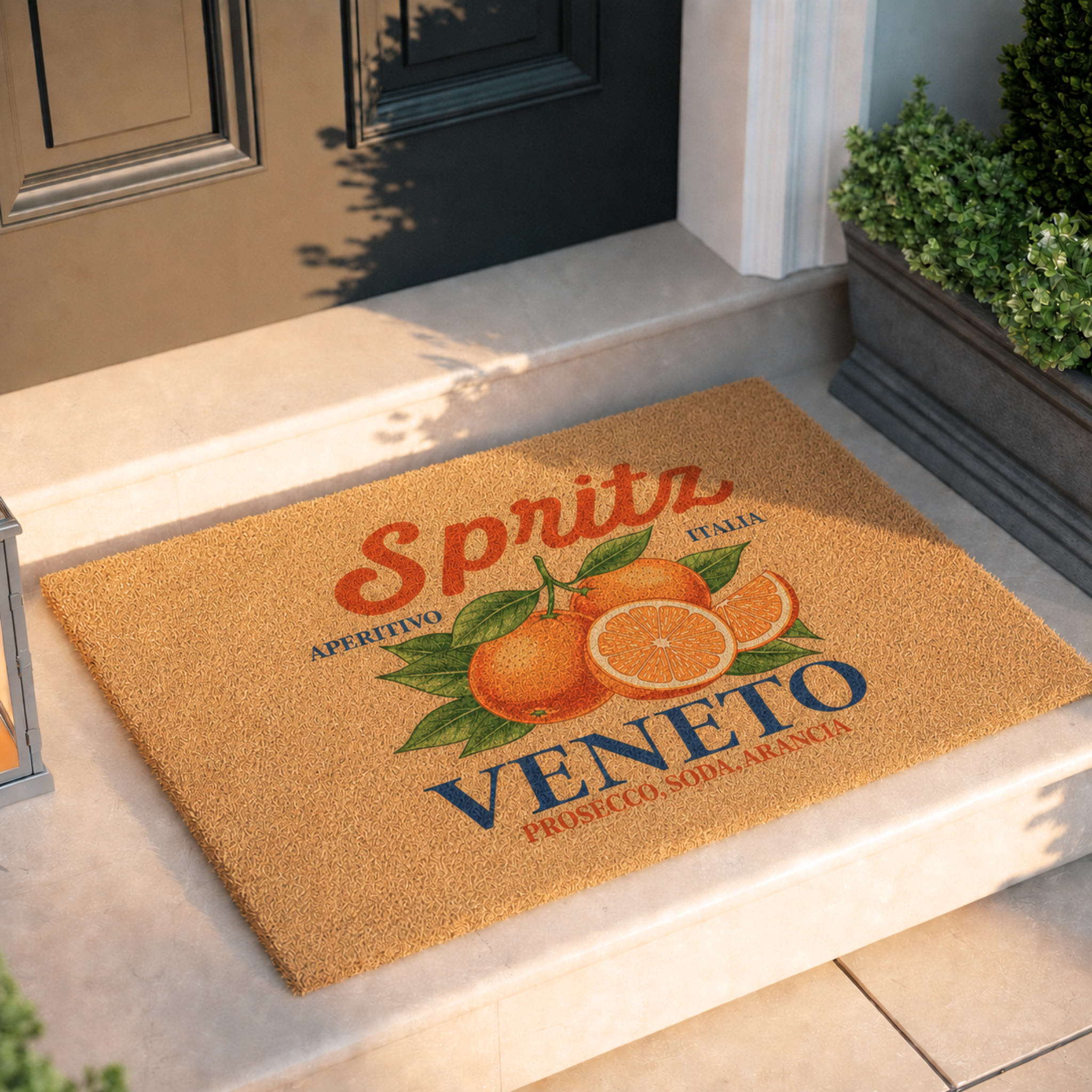 Spritz Veneto coir doormat on a stone step in front of a dark panelled door, with a lantern and a clipped boxwood in a planter