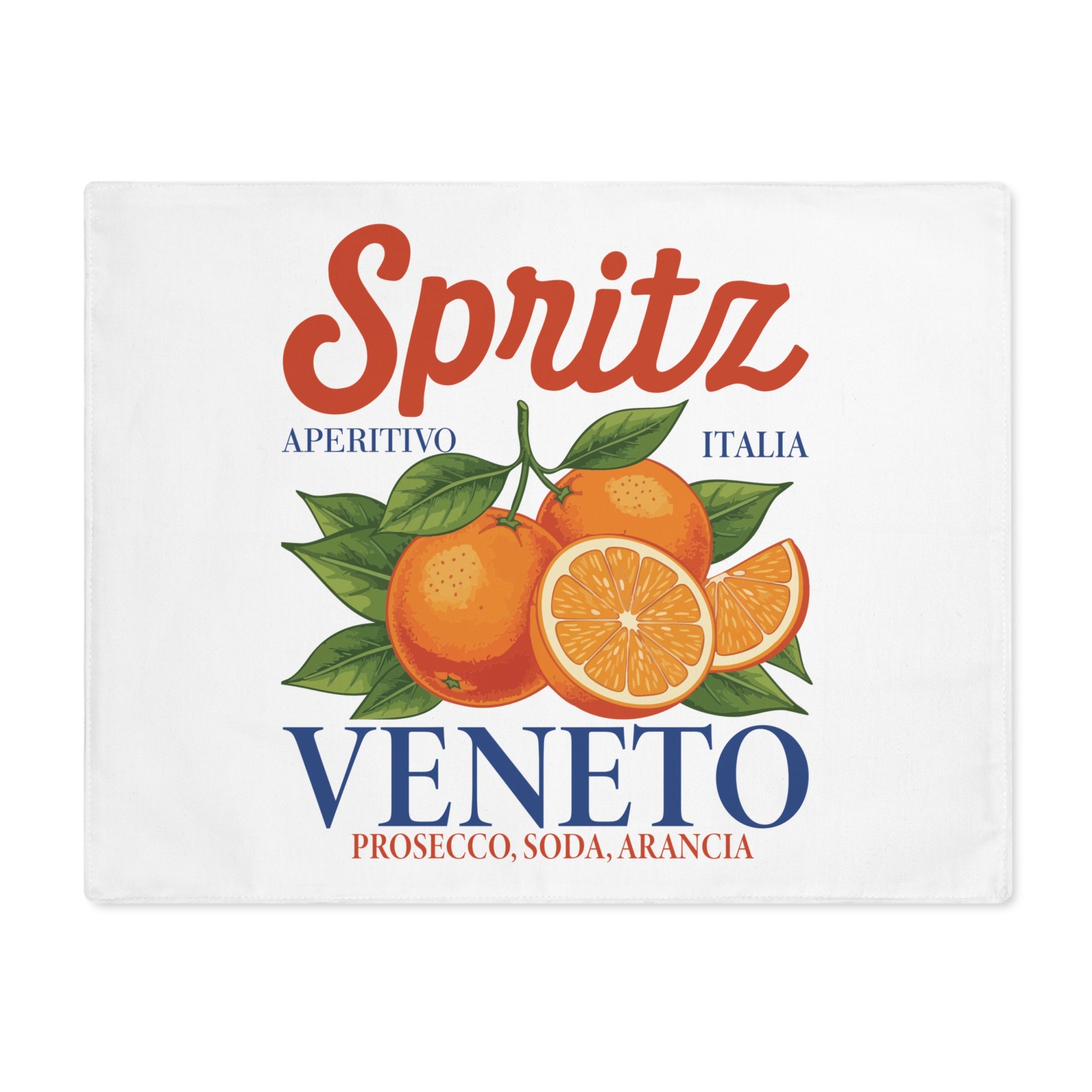 Spritz Veneto placemat laid flat, showing the Spritz Veneto label print with oranges on a white ground